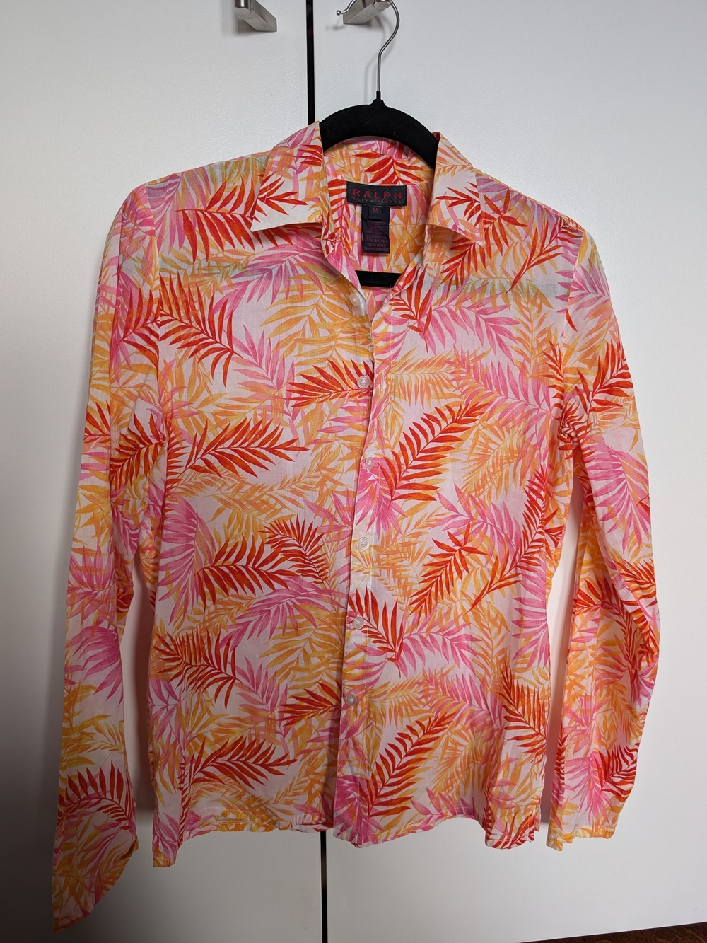 Ralph Lauren Women's Pink & Orange Tropical Print Shirt Blouse Size M